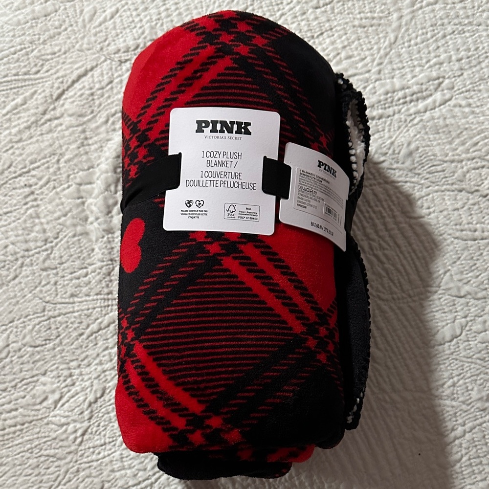 PINK Victoria's Secret Red and Black Plaid Blanket NWT